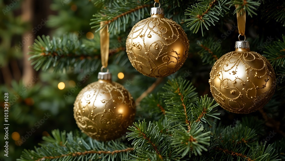 Shimmering golden ornaments on a lush evergreen tree. Shimmering golden ornaments on a lush evergreen tree.