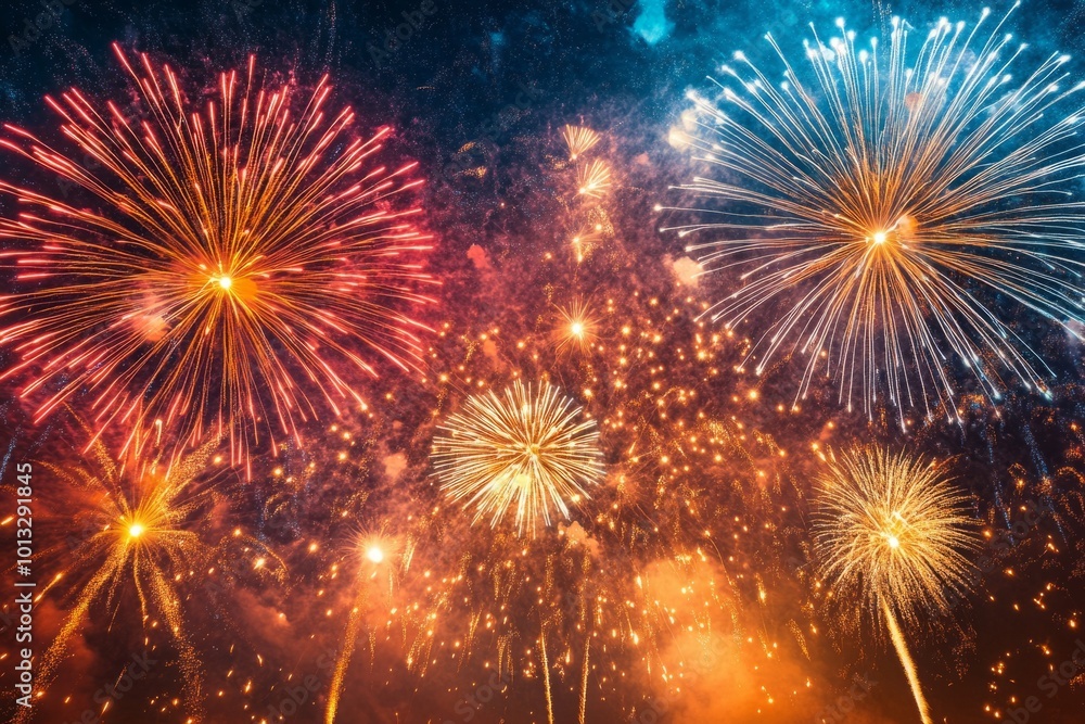 Fototapeta premium Colorful fireworks exploding in the dark night sky for new year's eve celebration