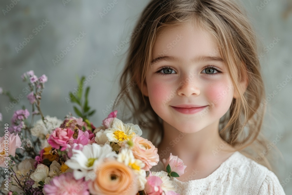 Smiling girl holding a bouquet of colorful flowers is happy Smiling girl holding a bouquet of colorful flowers is happy