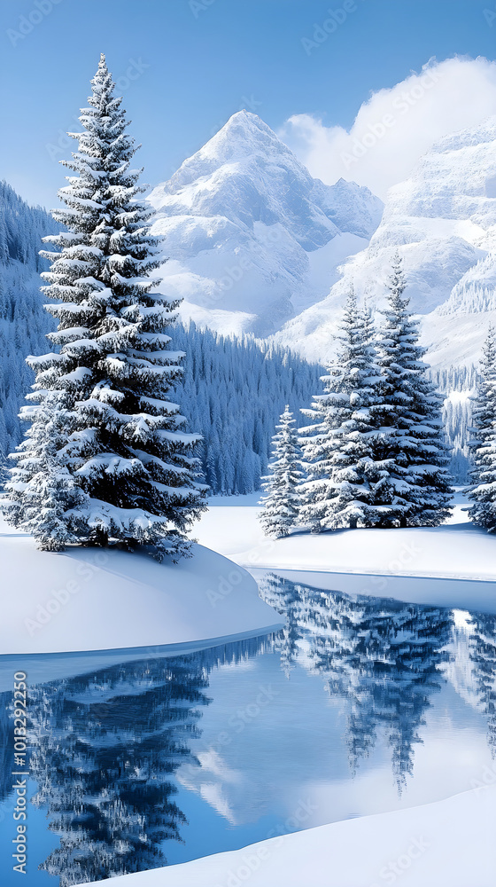 Obraz premium A tranquil snowy landscape with pine trees covered in fresh snow and a frozen lake reflecting the mountains