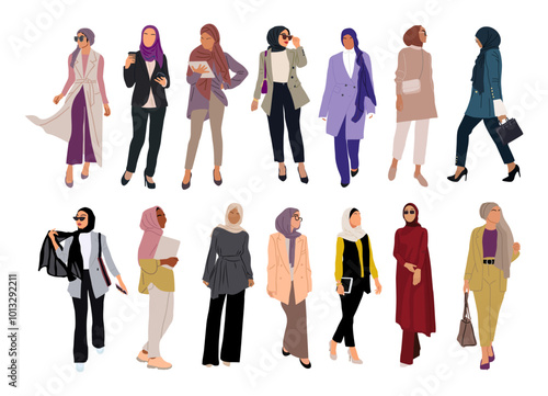 Stylish muslim business women wearing modern smart casual outfit and hijab. Pretty girls in fashionable office look. Vector realistic female characters isolated on transparent background.