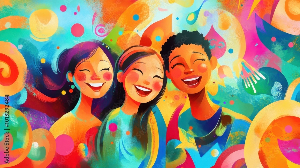 Bright and cheerful International Friendship Day scene, featuring friends smiling and embracing, surrounded by playful and colorful abstract shapes. Bright and cheerful International Friendship Day scene, featuring friends smiling and embracing, surrounded by playful and colorful abstract shapes.