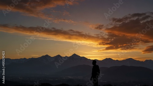 Silhouette of a man in front of a mountain range at sunset.