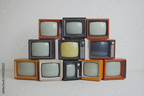 Vintage television sets in various colors and designs