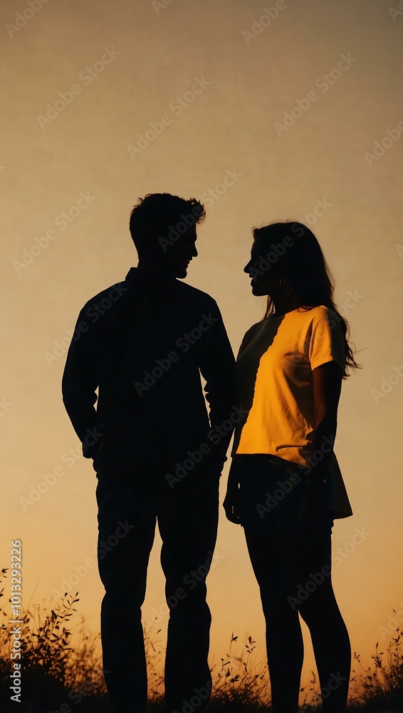 Silhouette of two friends engaged in conversation. Silhouette of two friends engaged in conversation.