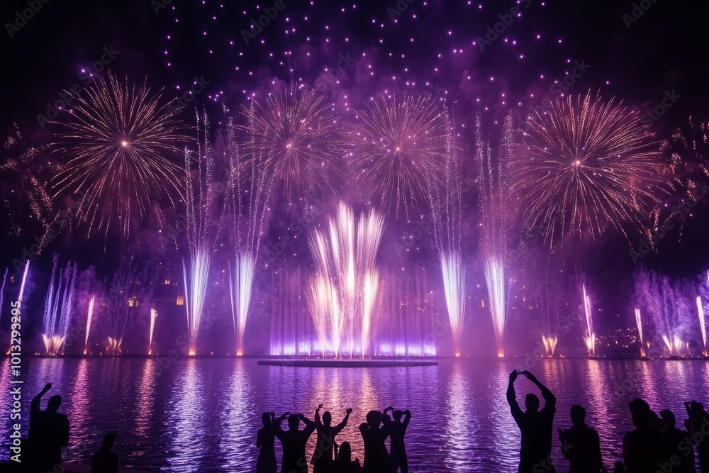 Crowd enjoying a spectacular purple fireworks show over the water Crowd enjoying a spectacular purple fireworks show over the water
