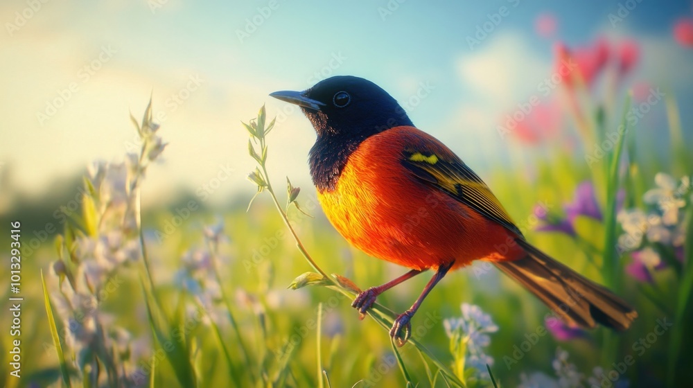 Fototapeta premium Bird perched on flower branch