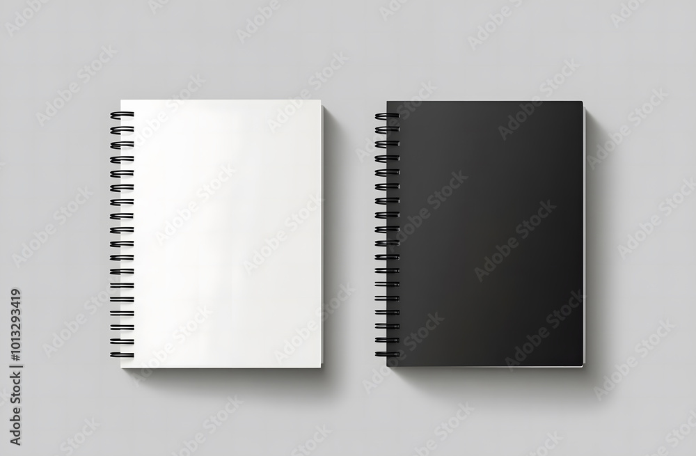 3D vector realistic mockup of two spiral notebooks with white and black paper design, front view, flat lay isolated on a grey background design. A mock-up template for design presentation, 3D vector realistic mockup of two spiral notebooks with white and black paper design, front view, flat lay isolated on a grey background design. A mock-up template for design presentation,