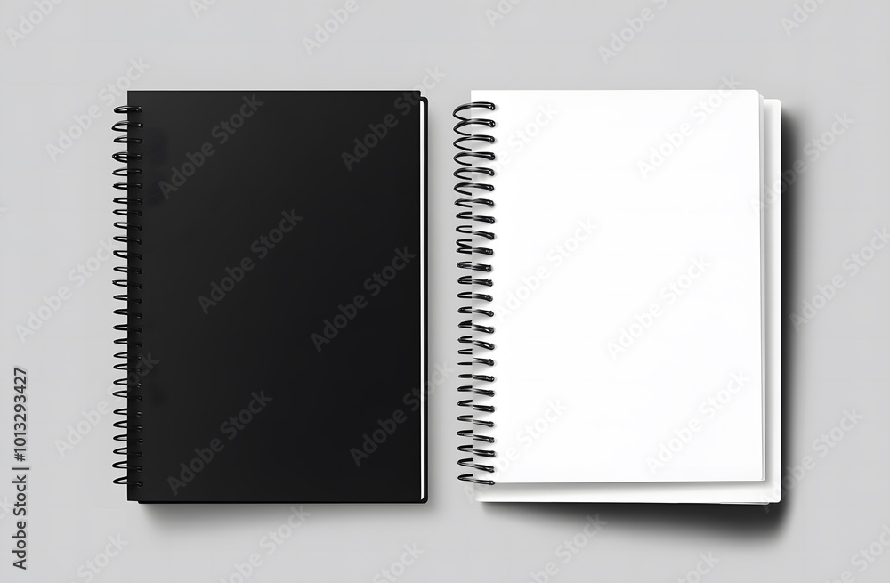 3D vector realistic mockup of two spiral notebooks with white and black paper design, front view, flat lay isolated on a grey background design. A mock-up template for design presentation, 3D vector realistic mockup of two spiral notebooks with white and black paper design, front view, flat lay isolated on a grey background design. A mock-up template for design presentation,