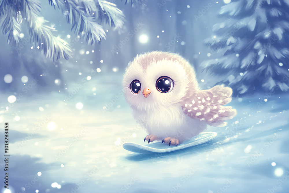 Obraz premium Cute baby animal sliding on frozen river illustration. have fun in winter. little snowy owl having fun on the ice rink. Winter holiday background with festive Christmas tree