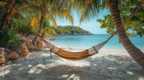 tranquil tropical beach scene showcases a hammock swaying gently between palm trees with soft white sand and a crystalclear sea inviting serenity and relaxation for summer getaways