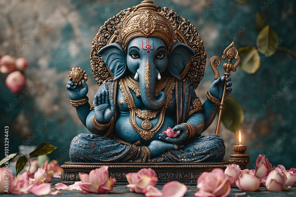 Fototapeta premium A serene statue of the Hindu deity Ganesha adorned with vibrant clothing and golden ornaments, surrounded by rose petal offerings in a tranquil atmosphere.