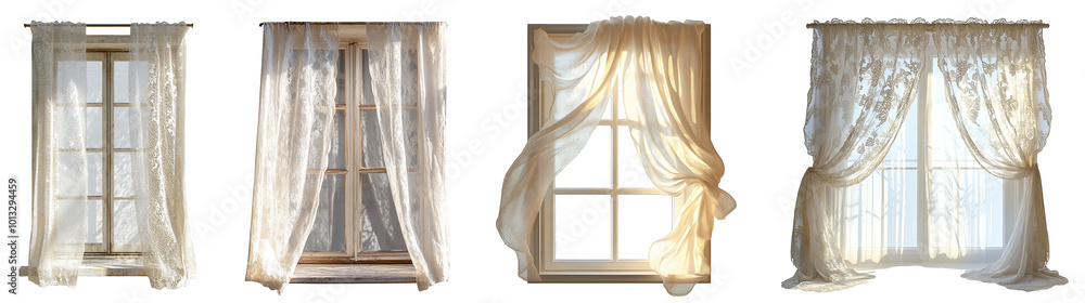 Elegant lace curtains draped over four beautiful windows transparent background Elegant lace curtains draped over four beautiful windows transparent background