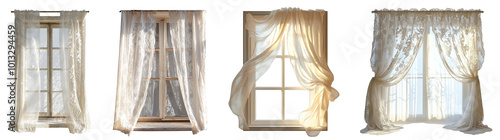 Elegant lace curtains draped over four beautiful windows transparent background