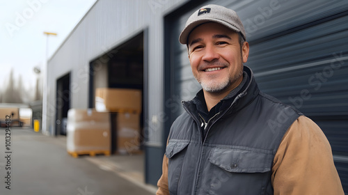 Smiling delivery man standing in front of warehouse, showcasing confidence and friendliness