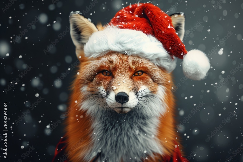 Fox wearing Santa hat with falling snow. Studio animal portrait on dark background. Christmas and winter holiday concept. Generative AI Fox wearing Santa hat with falling snow. Studio animal portrait on dark background. Christmas and winter holiday concept. Generative AI