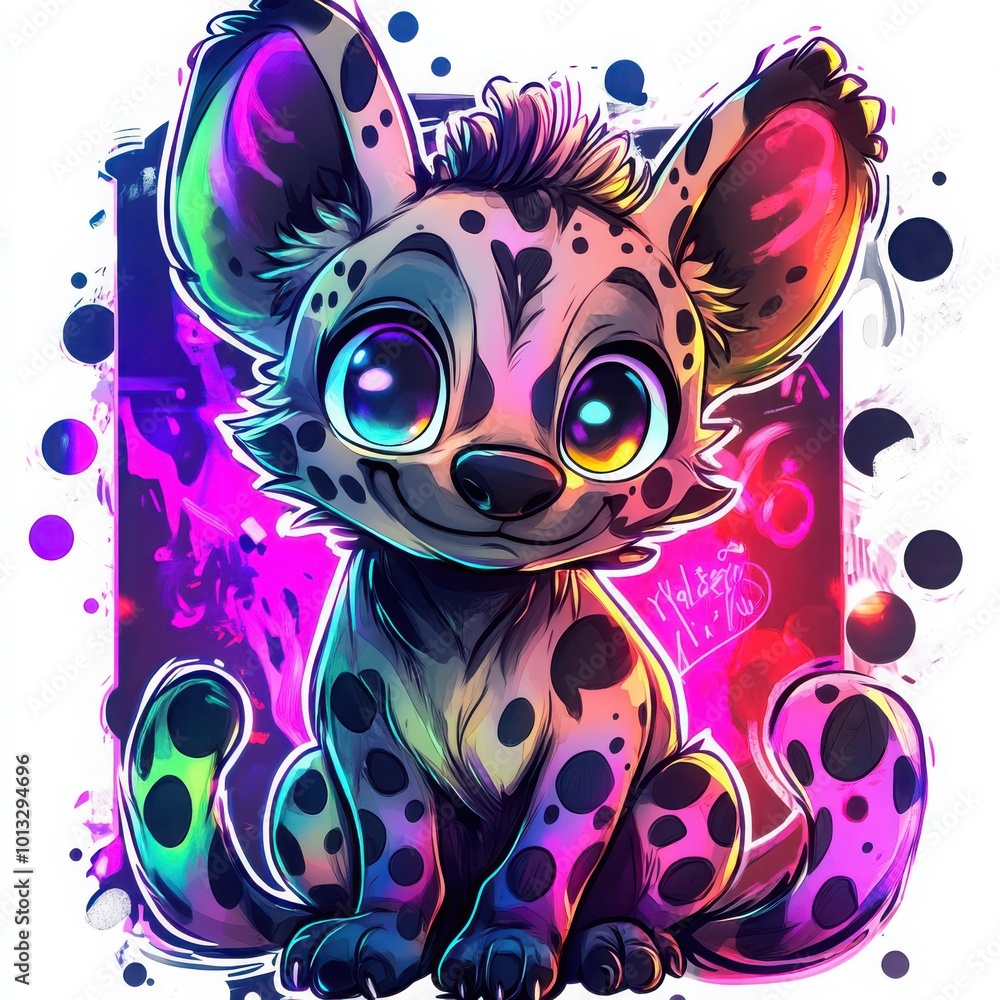 Draw a chibi hyena with an exaggeratedly large head, big glowing eyes, and an unusually short tail. The hyena has a mischievous grin and sits in a paw-shaped frame Draw a chibi hyena with an exaggeratedly large head, big glowing eyes, and an unusually short tail. The hyena has a mischievous grin and sits in a paw-shaped frame