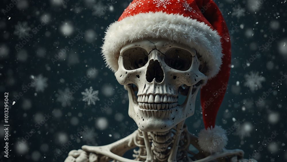 Skeletal figure in a Santa hat under snowflakes Skeletal figure in a Santa hat under snowflakes