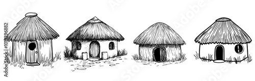 Country house with big roof in doodle style. Typical southern house. Modern illustration. Hut with palm roof.