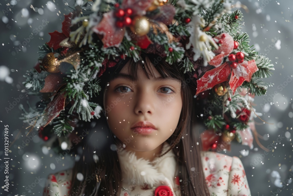 Portrait of a young girl wearing a large festive wreath adorned with Christmas decorations, surrounded by falling snow. Generative AI Portrait of a young girl wearing a large festive wreath adorned with Christmas decorations, surrounded by falling snow. Generative AI