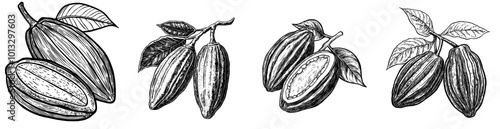 Illustration for a retro engraving design using cacao beans in black and white.