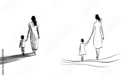 This modern illustration features a mother and two children. The drawing is hand-drawn.