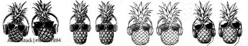 The illustration of a pineapple and strawberry wearing headphones and sunglasses is a fun summer sketch for music buffs