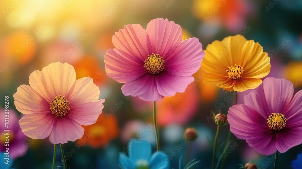 vibrant closeup of a colorful cosmos flower field basking in sunlight capturing the essence of summer with soft focus and artistic flair vibrant closeup of a colorful cosmos flower field basking in sunlight capturing the essence of summer with soft focus and artistic flair