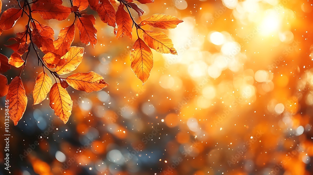 Autumn leaves on a branch with a blurry background of golden bokeh. Autumn leaves on a branch with a blurry background of golden bokeh.