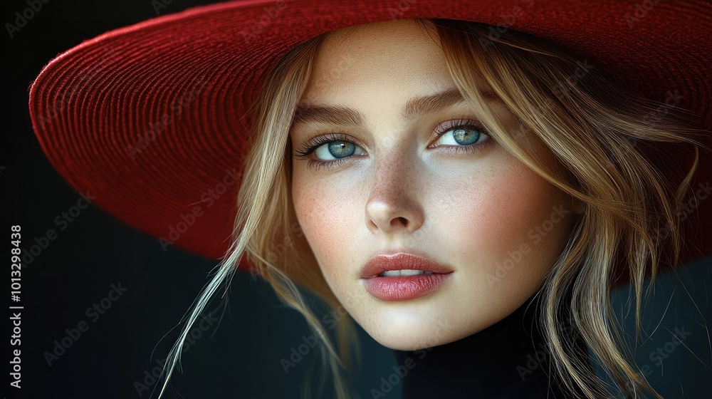 Portrait of a young woman wearing a large red hat, exuding elegance. Portrait of a young woman wearing a large red hat, exuding elegance.