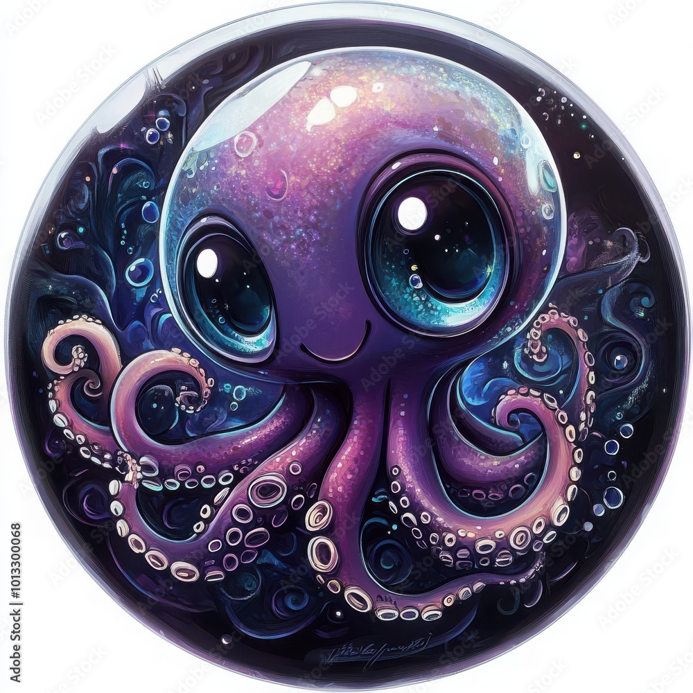 Create a mischievous chibi squid with an oversized head, large expressive eyes, and short tentacles. Create a mischievous chibi squid with an oversized head, large expressive eyes, and short tentacles.