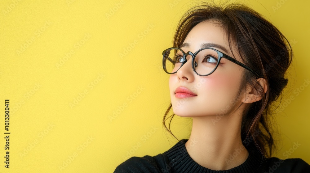 A woman with glasses gazing thoughtfully against a bright yellow background. A woman with glasses gazing thoughtfully against a bright yellow background.