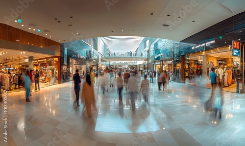 Busy shopping mall with blurred people walking