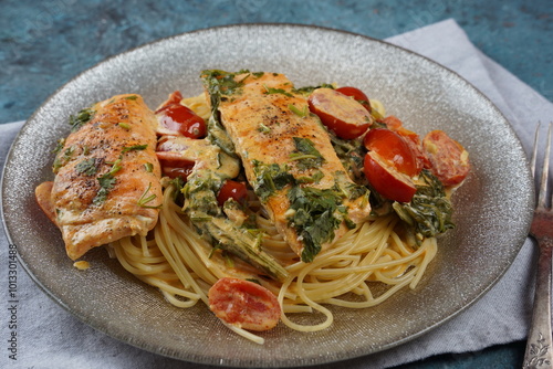 Salmon Fillet in creamy sauce with spaghetti, cream cheese and spinach and cherry tomatoes close-up on plate
