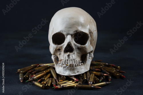 Skull on pile of ammunition on black background. Anti war concept photo