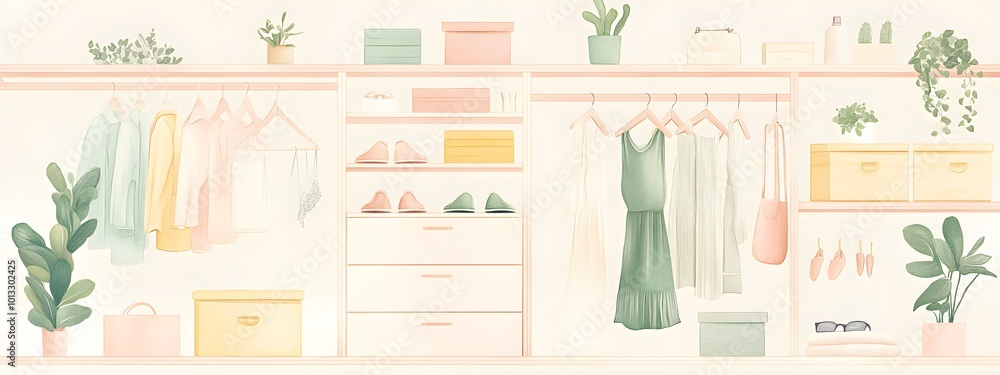 A pastel-colored illustration of an open wardrobe with , shoes, and accessories on shelves. A pastel-colored illustration of an open wardrobe with , shoes, and accessories on shelves.