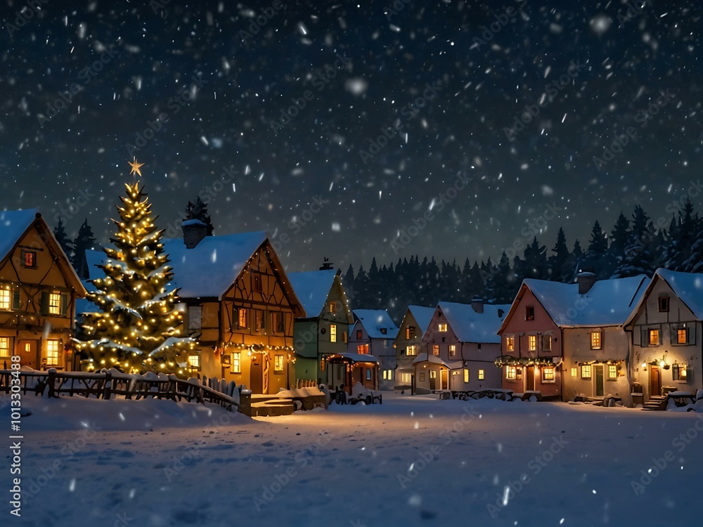 Snow falls over a festive village with a beautifully lit tree. Snow falls over a festive village with a beautifully lit tree.