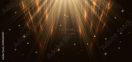 Abstract glowing golden wave lines on black background with lighting effect and sparkle with copy space for text.