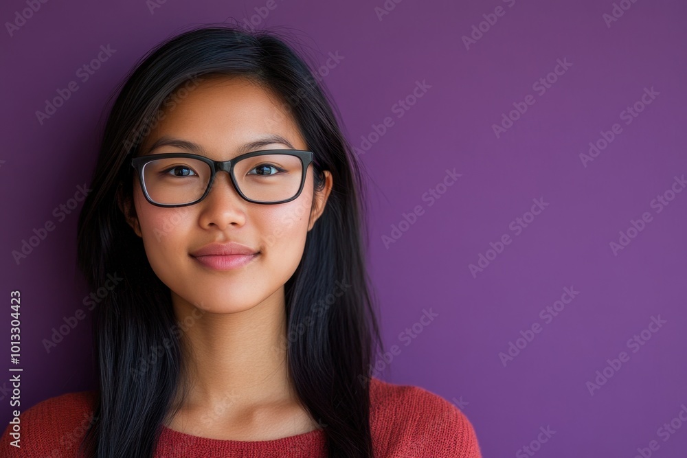 A young woman with glasses smiles against a purple background. A young woman with glasses smiles against a purple background.