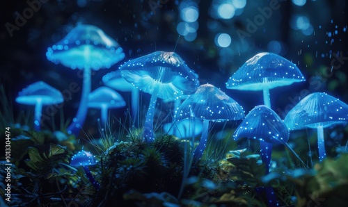 Bioluminescent mushrooms casting a soft glow in a mystical forest, evoking a sense of wonder and enchantment, 4K hyperrealistic photo