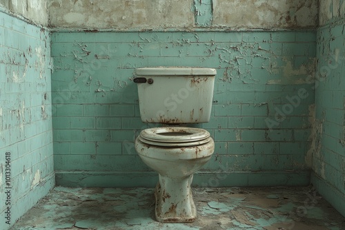 Old rusty toilet is standing in front of a grunge wall in the backyard photo