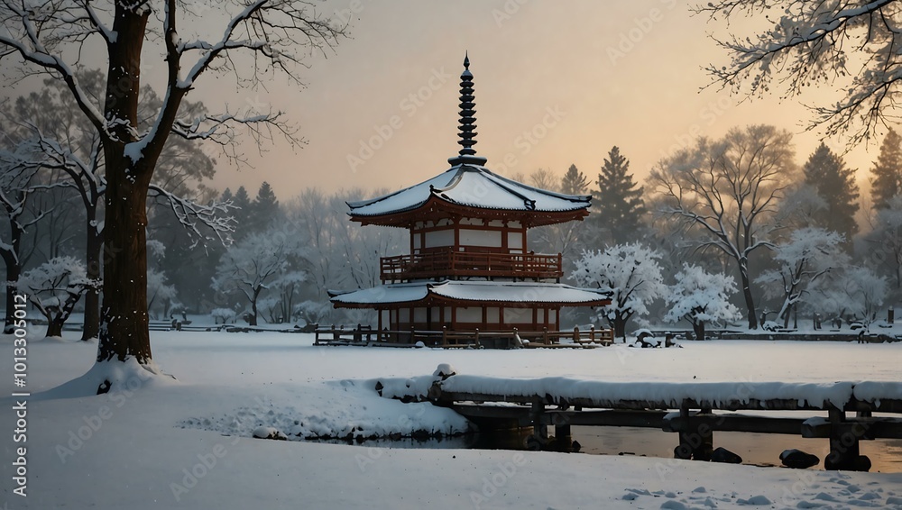 Snowy traditional pagoda in a serene winter scene. Snowy traditional pagoda in a serene winter scene.