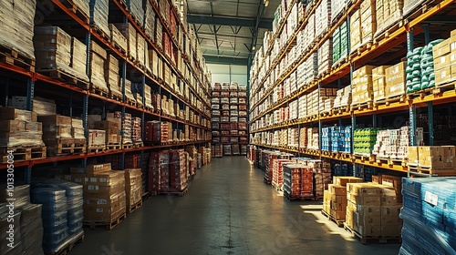 Rows of towering shelves stacked with pallets of goods in a large industrial warehouse, soft lighting casting long shadows, shot from a ground-level perspective to emphasize the height and scale,