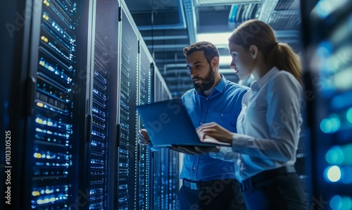 Data Center Female System Administrator and Male IT Specialist talk, Use Laptop. Information Technology Engineers work on Cyber Security Network Protection in Cloud Computing Server