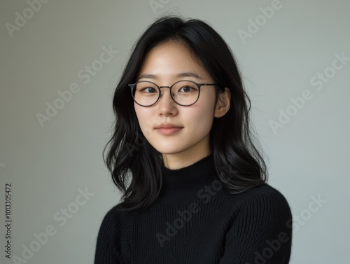 A portrait of a young woman in a black sweater, wearing glasses, with a neutral background.