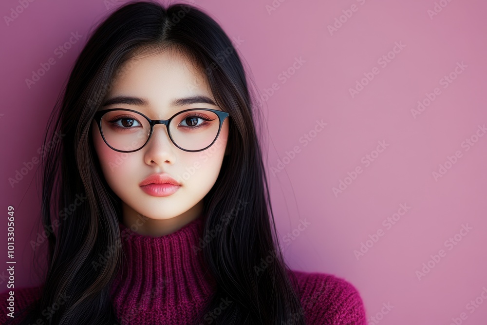 A portrait of a young woman with glasses against a pink background, conveying a soft aesthetic. A portrait of a young woman with glasses against a pink background, conveying a soft aesthetic.