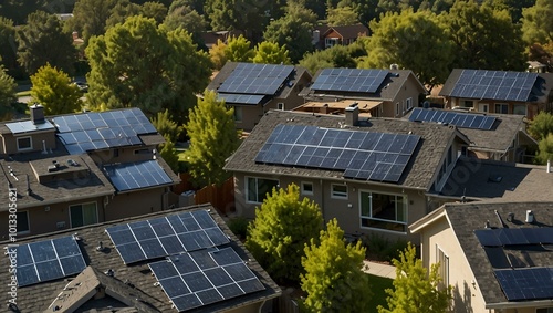 Solar panels on suburban homes promoting sustainability. photo