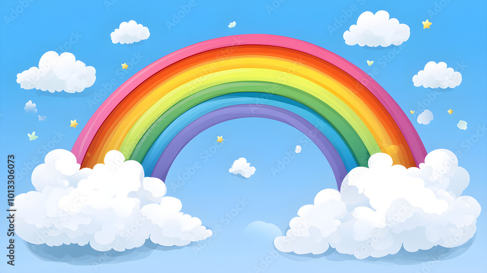vibrant rainbow arches across blue sky filled with fluffy clouds, creating cheerful scene vibrant rainbow arches across blue sky filled with fluffy clouds, creating cheerful scene