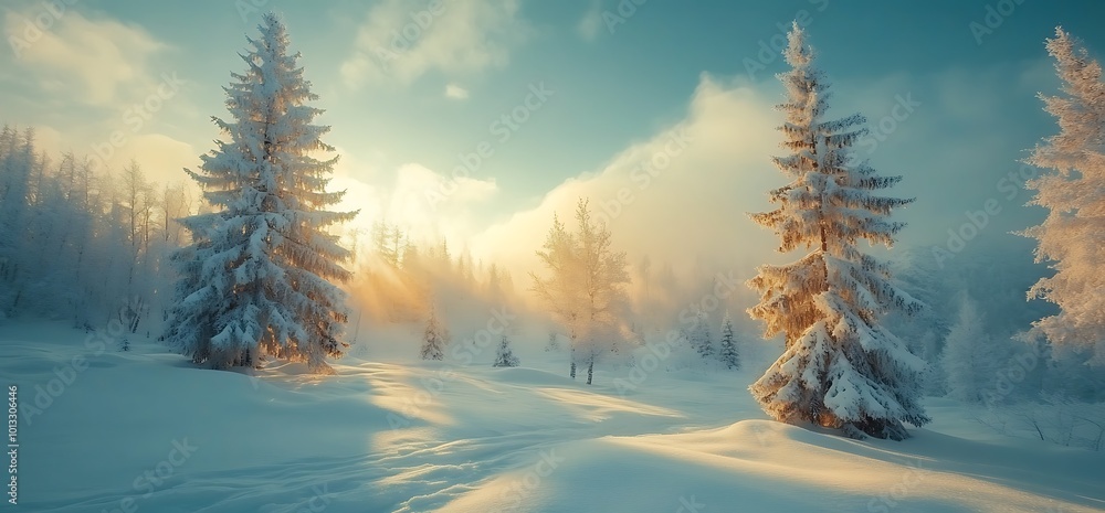 Snow covered fir trees on a snowy mountain at sunrise. Snow covered fir trees on a snowy mountain at sunrise.