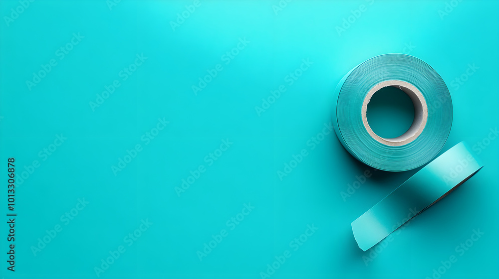 Roll of blue tape on teal background, perfect for creative projects Roll of blue tape on teal background, perfect for creative projects